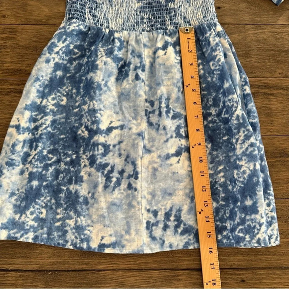 Reformation size Medium 100% Linen Blue Dyed Mini Dress Smocked Western Beachy - Picture 8 of 10